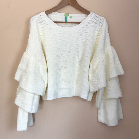 Anthro FARM Rio Tiered Ruffle Sleeve Crop Sweater - Picture 2 of 6